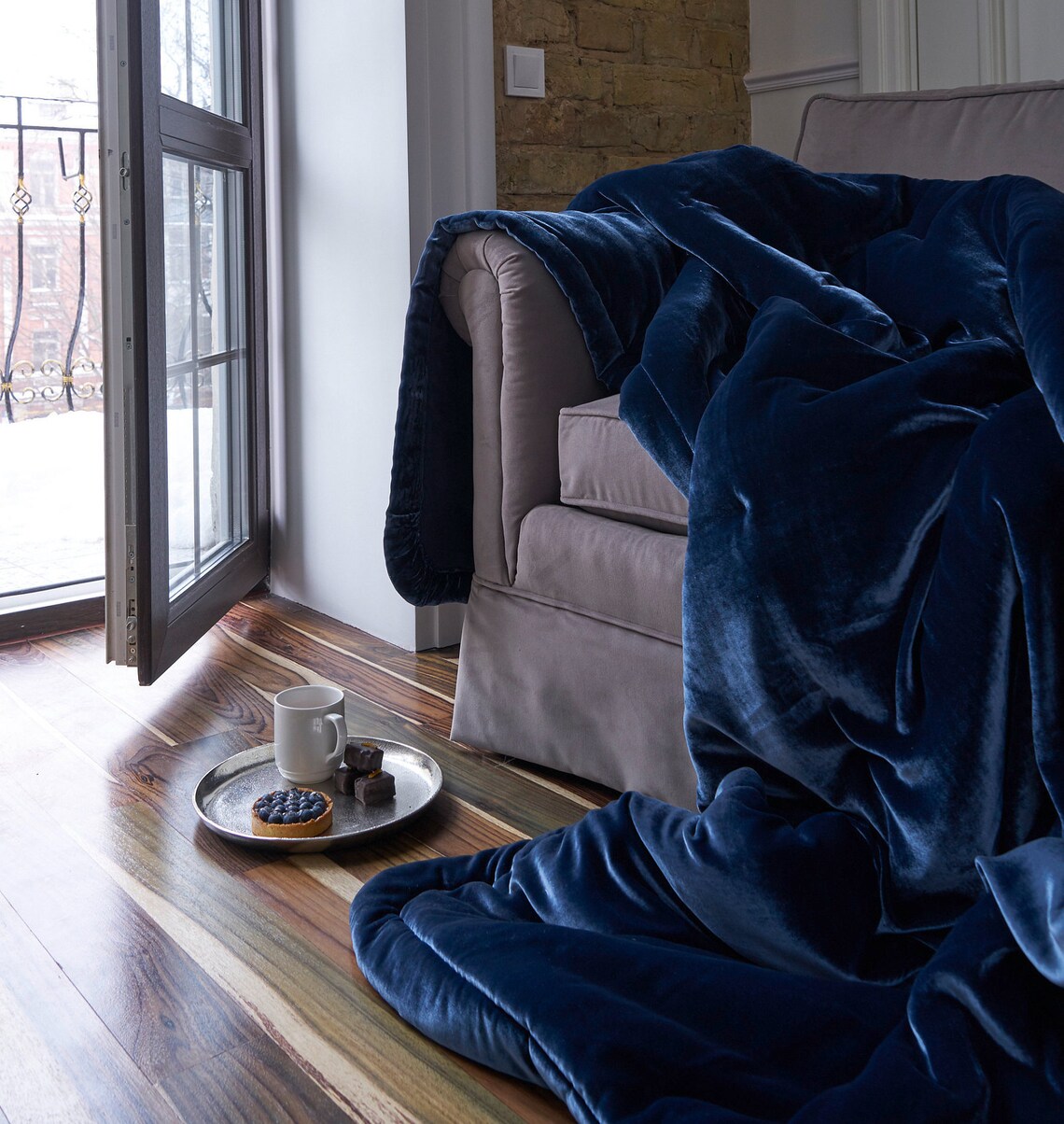 Luxury Silk velvet quilted blanket colour NAVY blue marine Etsy