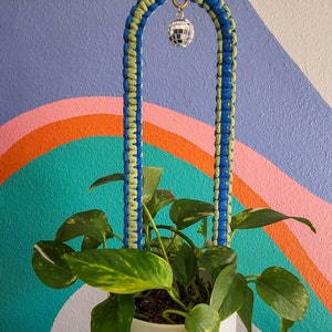 May include: A potted plant with green leaves is suspended from a blue and green macrame plant hanger with a silver disco ball hanging from the top.