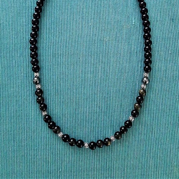 Collier unisexe 56 cm pierres naturelles Onyx-Hématite-Obsidienne