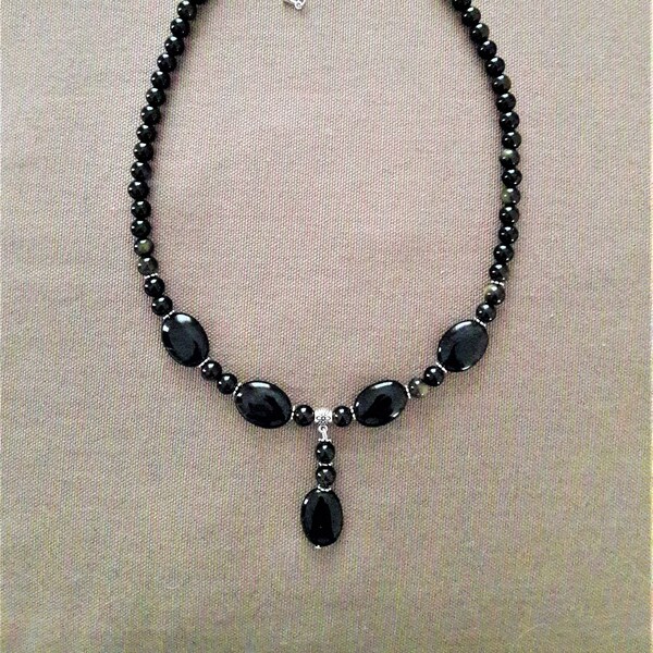 Collier 45 cm+6 extension perles obsidienne et onyx naturelles