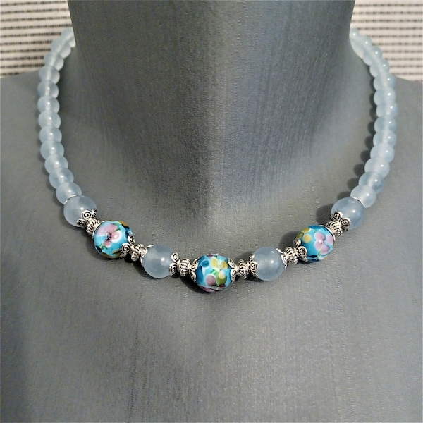 Collier perles pierres naturelles aigue marine et Murano