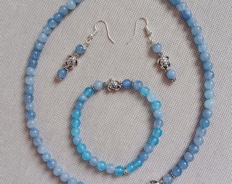 Jewelry set necklace bracelet earrings turtle symbol and natural aquamarine stone beads