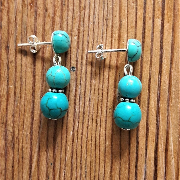 Boucles Oreilles clous argent 925 Perles turquoises naturelles