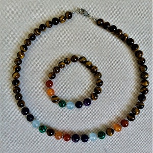 Necklace 45 cm and bracelet 17 cm tiger eye beads and 7 chakras