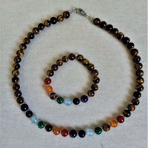 Collier 45 cm et bracelet 17 cm perles oeil de tigre et 7 chakras