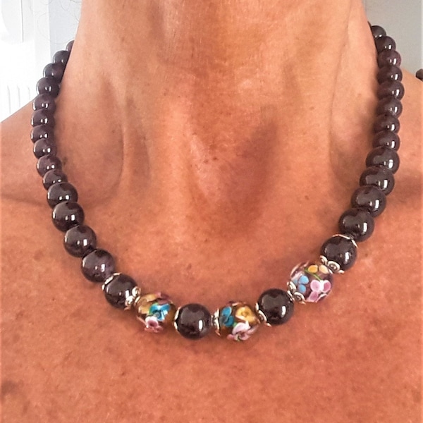 Halskette 44 cm Granatstein Perlen und Murano Perlen