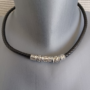 Tibetan silver Runes beads leather cord necklace
