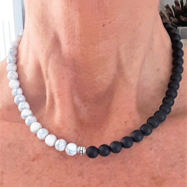 Collier Ying Yang42 cm agate noire et howlite blanche