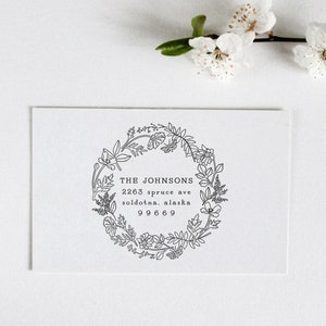 BOTANICAL GARDEN SERIES ii,  Flower Wreath Address Stamp, Floral Address Stamp, Custom Return Address, Flowers and Bees, Flower Wedding