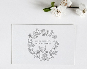 Serie botánica, sello de huevo personalizado, huevos frescos, sello floral y de gallina, logotipo de pollo, logotipo de flor, logotipo de granja de pasatiempos, nombre de granja y flores.