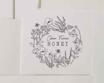 Custom Honey Label Stamp | Raw Honey Labels Stamp | Honey Stamp For Jars | Local Honey Labels | Flowers with Bee | Poppy Peony Daisy Clover