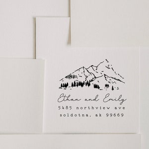 MOUNTAIN SERIES, Mountain Return Address Stamp, Custom Mountain Stamp, Minimalist Woodland Address Stamp, Mountains Trees Address Stamp