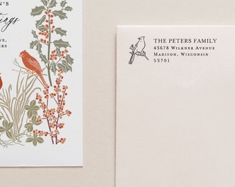 Cardinal Address Stamp, Winter Address Stamp, Greens and Berries Return Address, Holiday Return Address Stamp, Winter Bird Address Stamp