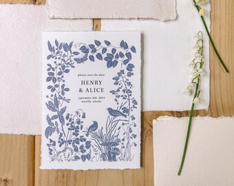 Botanical Save the Date, Vintage Inspired Save the Date, Monotone Card, Hand Torn Edges, Blue Save the Date, Florals and Birds, Mushrooms