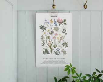 Wildflowers of Minnesota, Vintage Flower Print, Minnesota Art, Fields and Forests, Lady's Slipper, Rose, Lupine, Buttercup, 11" by 17"