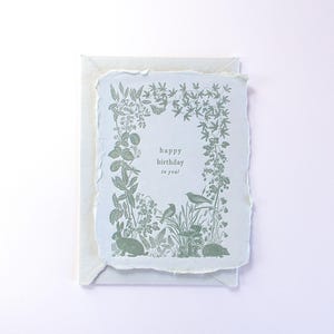 Verjaardag dieren Notitiekaart | Boekdruk kaart, konijn, vogels, egel, bloemen, vlinder, paddenstoel, muiskaart, handgeschept papier met envelop