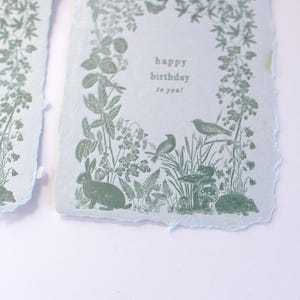 SECONDEN Verjaardag Dieren Notitiekaart | Boekdrukkaart, konijn, vogels, egel, bloemen, vlinder, paddenstoel, muiskaart, handgeschept papier