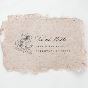 Tampon d'adresse de retour personnalisé, Tampon d'adresse pivoine, Fleurs dessinées à la main, Cadeau scandinave pour adresse de maison, Tampon d'adresse floral verdure