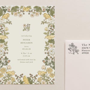 DIGITAL FILE | Newborn Announcement with Ducks, Roses, Strawberries, Poppies, Raspberries, Fruit, Birth Announcement, Wildflowers,Watercolor