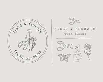 Floral Logo, Logo with Flowers, Florist Logo, Logo for Photographers, Cut Flower Logo, Botanical Logo, Botanic Branding, Flowers and Scissor