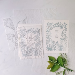 Puede incluir: Una invitaci&oacute;n de boda con un dise&ntilde;o de hojas en azul y gris. La invitaci&oacute;n dice "Introducing Peter Benjamin & Emma & Henry June 03, 2023 at 4:00 pm"