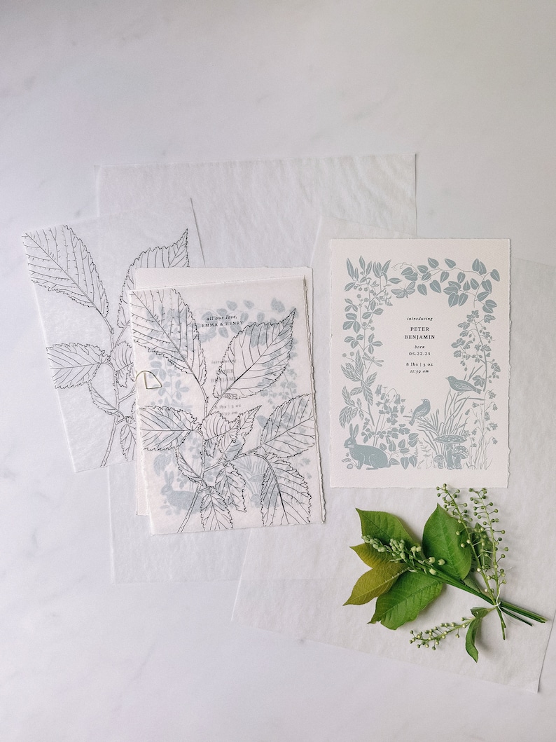 Puede incluir: Una invitaci&oacute;n de boda con un dise&ntilde;o de hojas en azul y gris. La invitaci&oacute;n dice "Introducing Peter Benjamin & Emma & Henry June 03, 2023 at 4:00 pm"