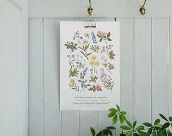 DIGITAL FILE | Wildflowers of Alaska, Vintage Flower Print, Alaskan Art, Vintage Science Poster Style, Fireweed, AK Poppy, Forget Me Not