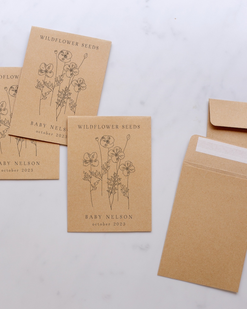 Wildflower Baby Shower Favors, Wildflower Envelopes, Printed Seed Envelopes, Custom Baby Shower Favor, Wildflower Seed Packets with Seeds image 1