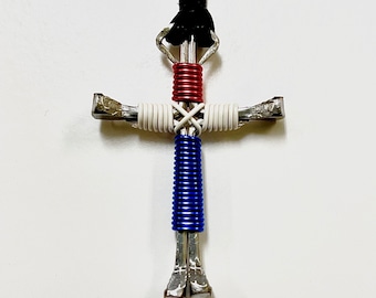 America Horseshoe Nail Cross Necklace (Red, White, & Blue)