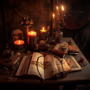 May include: A dark wooden table with a variety of candles, books, and other objects. The candles are lit and casting a warm glow on the table. There is a book open on the table with a beaded necklace on top of it.