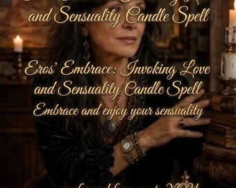 May include: A person with dark hair wearing a black top, with text overlay reading: within 24 hours! Eros' Embrace: Invoking Love and Sensuality Candle Spell. Embrace and enjoy your sensuality - performed from me to YOU. Tarot cards are on the table.