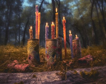 May include: A group of colorful candles in decorative holders, arranged on a wooden surface in a forest setting. The candles are lit and casting a warm glow.