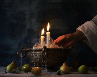 May include: Three white candles are burning in a brass bowl filled with water and ice. The bowl is decorated with intricate designs and has a spout on each side. The candles are surrounded by a cloud of steam. There are several pears on the table around the bowl.