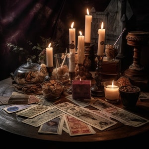 Pode incluir: Uma cena escura e atmosférica com velas acesas, um frasco de vidro cheio de pequenos frutos secos castanhos e uma seleção de cartas de tarô espalhadas sobre uma mesa de madeira. As velas são de diferentes tamanhos e alturas, algumas em castiçais de vidro e outras em castiçais de metal. As cartas de tarô estão dispostas em um padrão aleatório, com algumas sobrepostas. A cena é iluminada pelas velas, criando uma atmosfera quente e acolhedora.