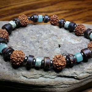 Spiritual Rudraksha, Snakeskin Jasper, Coconut shell and Hematite stretch yoga, meditation, bracelet