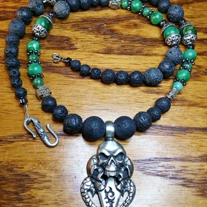 Rock N Roll Masculine Men&#39;s Verdite, green jade and lava stone necklace with skull pendant
