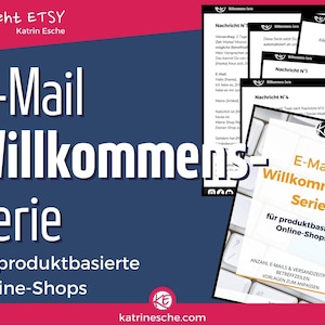 Könnte beinhalten: Eine pink-blaue Grafik mit dem Text "E-Mail Willkommens-Serie für produktbasierte Online-Shops" und einem Logo mit dem Text "katrinesche.com". Die Grafik ist eine Anleitung zum Erstellen einer E-Mail-Willkommens-Serie für produktbasierte Online-Shops.