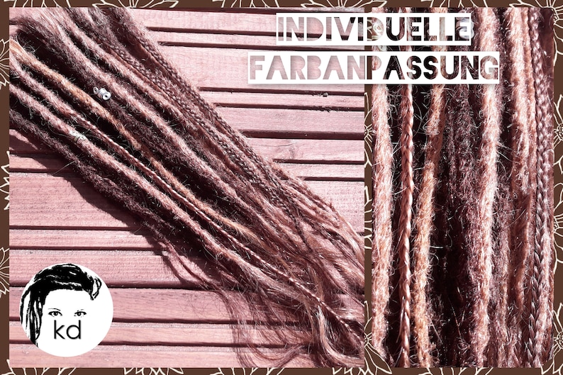 May include: A close-up of brown and blonde synthetic dreadlocks with the text "INDIVIDUELLE FARBANPASSUNG" on a wooden background.