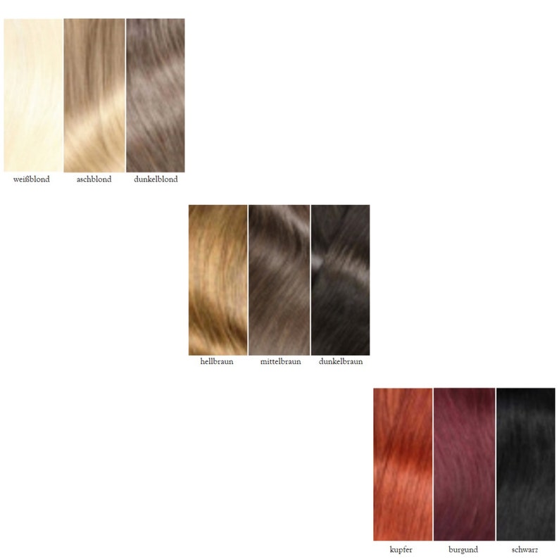 May include: A color chart showing different shades of blonde, brown, red, and black hair colors. The colors are labeled in German.