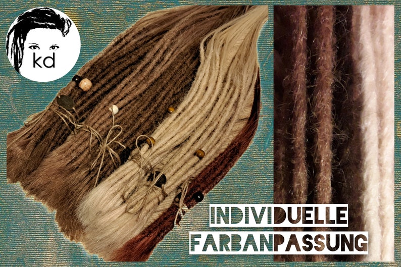 May include: Three bundles of synthetic dreadlocks in brown, beige, and light brown colors. The dreadlocks are tied together with twine and have beads at the ends. The text "INDIVIDUELLE FARBANPASSUNG" is visible in the image.