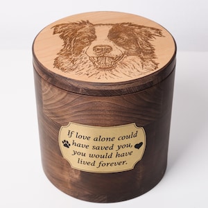 Personalized Pet Memorial Urn with Engraved or Hand-Painted Portrait, Natural Wood Customizable with Photos, Unique Dog Remembrance Gift