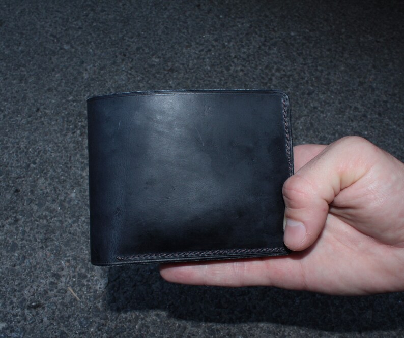 full hand made Dark blue Bifold natural leather crazy horse handsewing