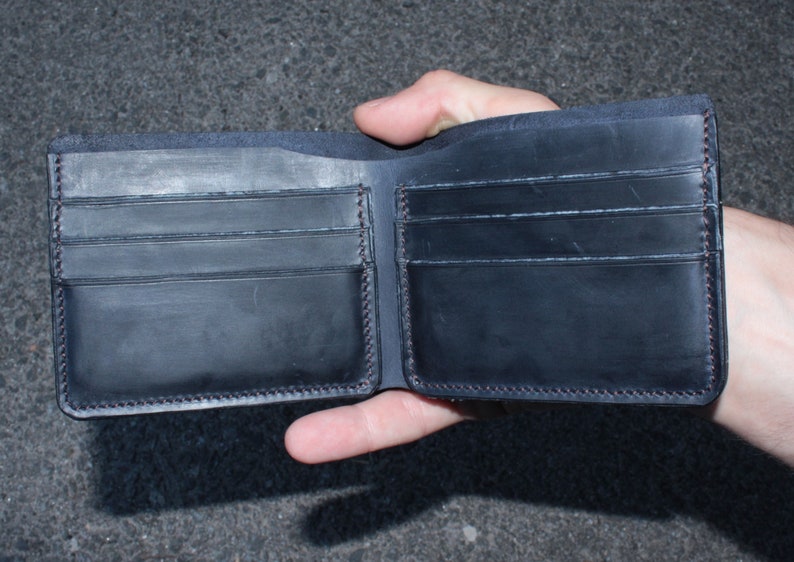 full hand made Dark blue Bifold natural leather crazy horse handsewing