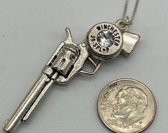 Optional Crystal Handmade Bullet Necklace with Revolver Charm and Nickel 38 Bullet