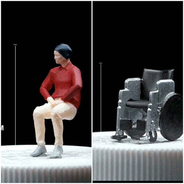 Homme handicapé en fauteuil roulant 1:64 adolescent miniature assis jeune vêtements décontractés jeans figure petites personnes Modèle réduit mini petit et en