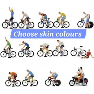 May include: Miniature figurines of cyclists in various poses and outfits on bicycles. The image includes a variety of bike colors and rider attire. The text "Choose skin colours" is displayed on a blue banner.