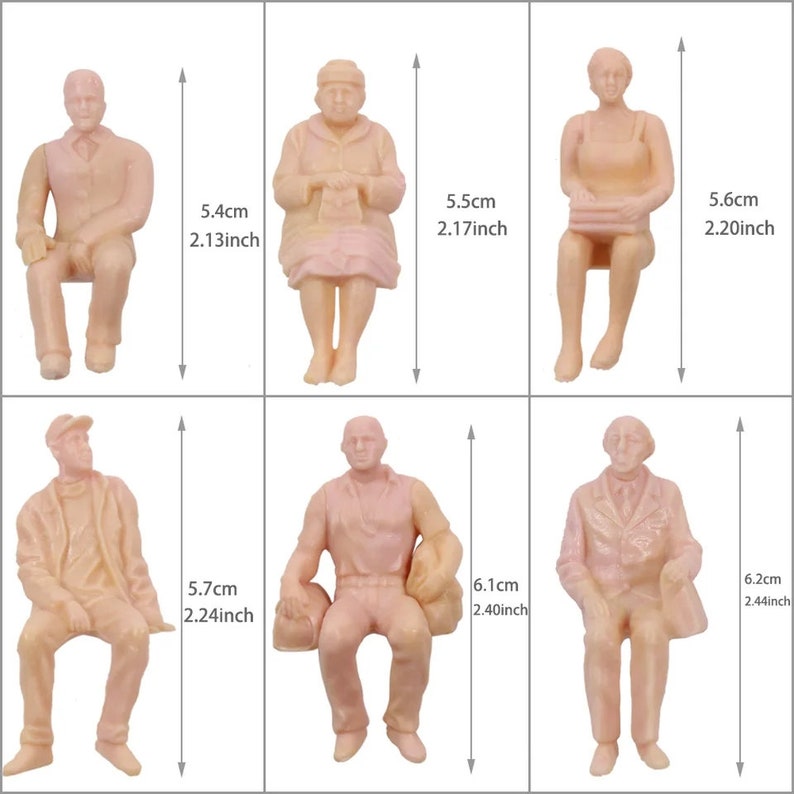 May include: Six miniature plastic figures of people sitting down, each wearing different clothing. The figures are approximately 2 inches tall and are painted in a light pink color.