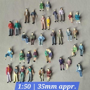 May include: Miniature figurines of people in various poses, dressed in colorful outfits. The figures are approximately 35mm tall, with a scale of 1:50. The collection includes standing, sitting, and interacting figures, suitable for model train layouts or architectural models.