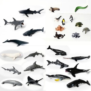 May include: A collection of 20 plastic sea animal figurines, including a whale, shark, octopus, sea turtle, penguin, and more. The figurines are realistic and detailed, and they are perfect for imaginative play or for use in a classroom.