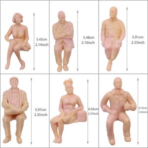 May include: Set of 6 pink plastic miniature figures of people sitting down. The figures are approximately 2 inches tall and are ideal for model train layouts or dioramas.